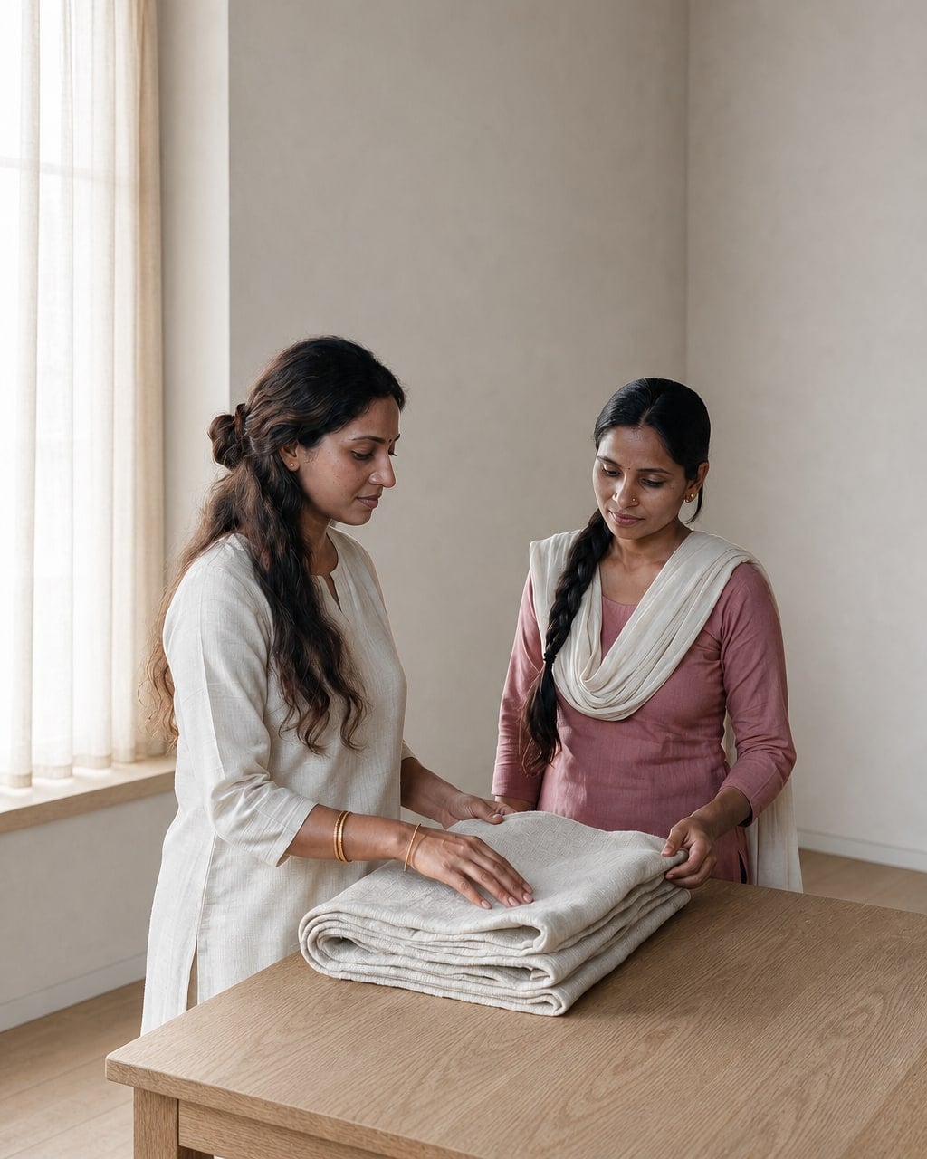 Two artisans reviewing folded natural jute cloth